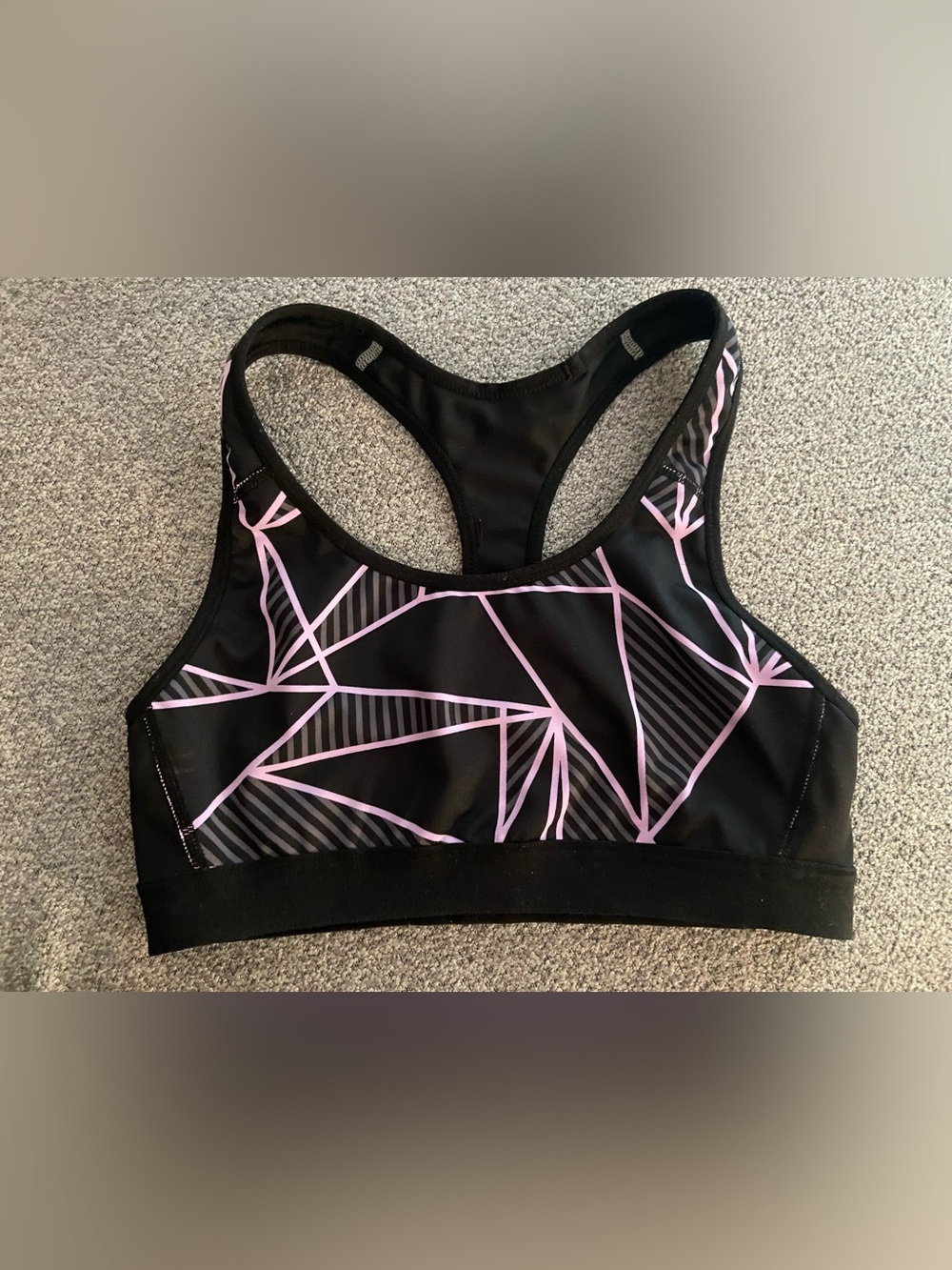 Champion Women’s Medium Black Sports Bra with Light Purple Geometric Print